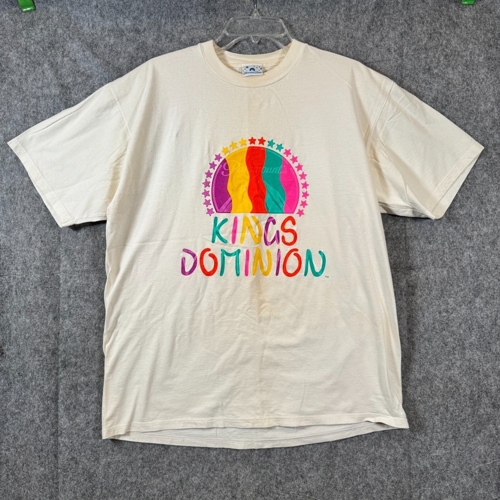 Vtg 90s Kings Dominion T-shirt Mens XL Paramount Graphic Tee Cream Neon